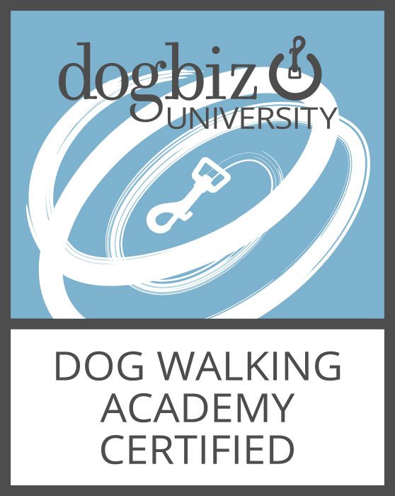 A dog walking academy certified logo.